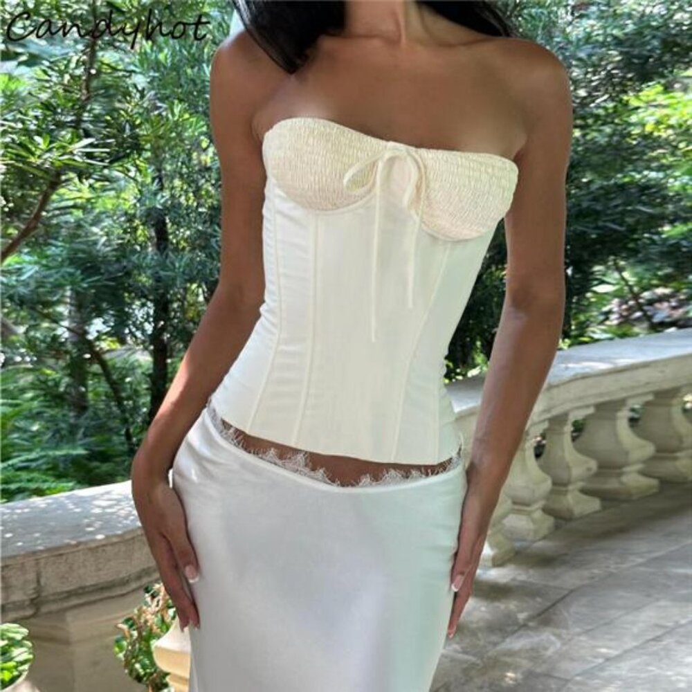 Candyhot Sexy Strapless Lace Up Backless Ruched Slim Solid Color Bodice Y2K